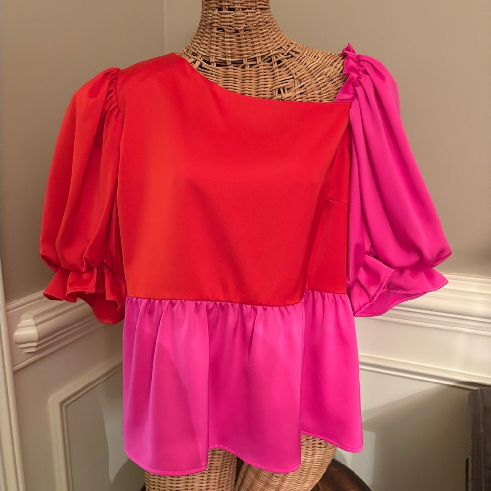 Crosby Colorblock Red and Hot Pink Puff Sleeve Blouse